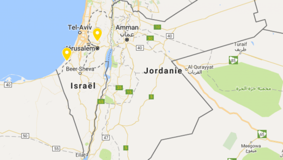 Pas de mention « Palestine » sur Google Maps, ni même « Territoires palestiniens ». Par contre, des pointillés pour délimiter Gaza et la Cisjordanie, dont les principales villes apparaissent également. Capture d'écran / My Maps - Google