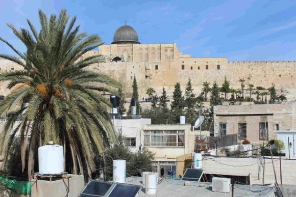 La mosquée al-Aqsa, le mur sud de la vieille ville de Jérusalem et les toits des maisons palestiniennes de Wadi al-Hilweh vus depuis la « Cité de David », le 4 février (MEE/Mustafa Abu Sneineh)