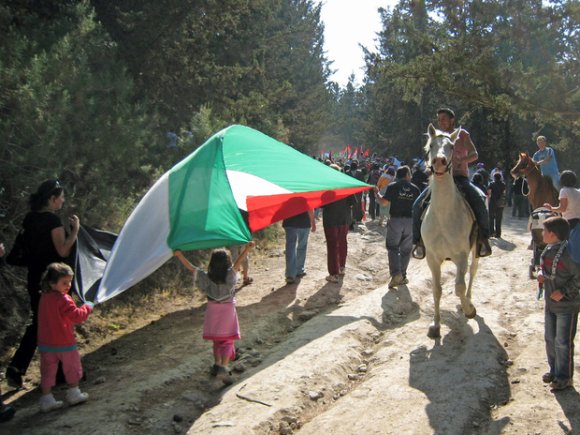 Des réfugiés internes participent à une marche près du village palestinien détruit de Saffuriya pour commémorer l'anniversaire de la Nakba (MEE/Jonathan Cook)