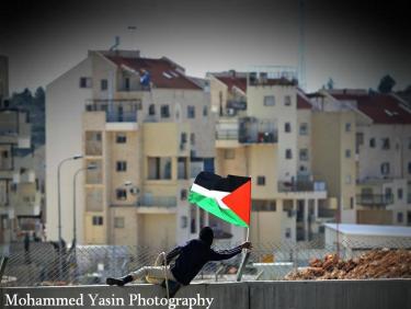 Un jeune palestinien escalade le mur. Au fond, la colonie de Modi'in Ilit.