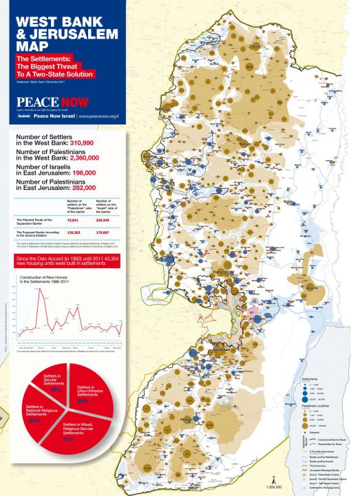 Réalisée par l'organisation israéliennes La Paix Maintenant, cette carte est Intitulée « les colonies plus grande menace pour la solution à deux étapes ». Cette infographie de 2011 montre la répartition des colonies israéliennes en Cisjordanie On peut agrandir la carte. © Peacenow