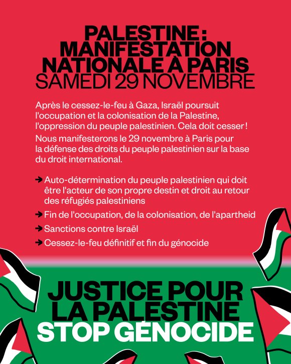 manif29novembre insta appel 2 ba80d À Paris, manifestation nationale de soutien à la Palestine